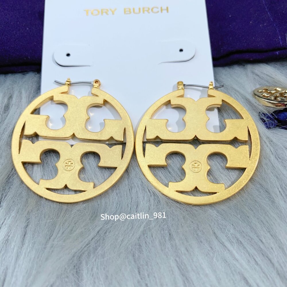 NEW Tory Burch Inlay Leather Miller Hoop Statement Earrings in Gold/BK Leather - Picture 2 of 5
